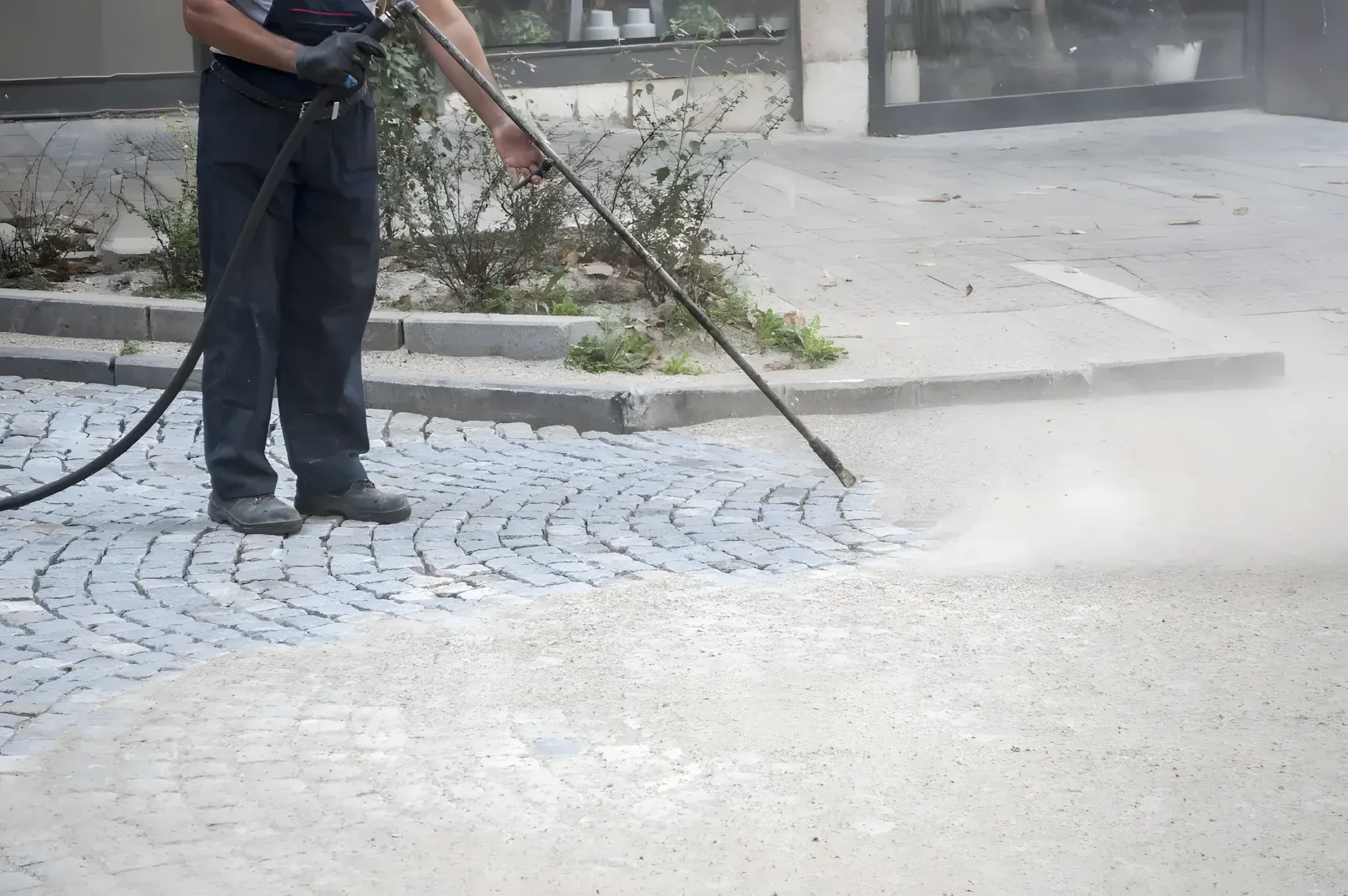 Pressure washing a cobblestone surface at a Tampa commercial property
