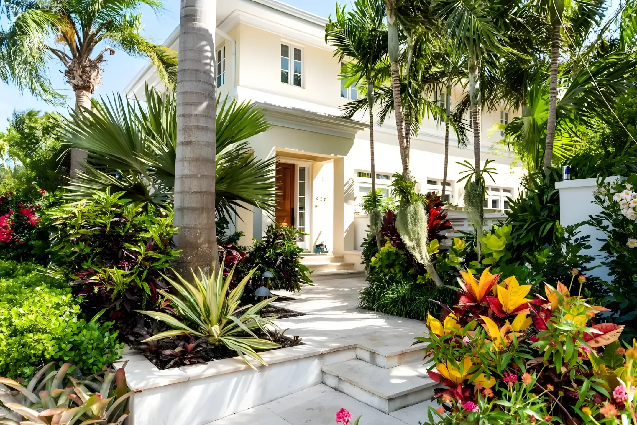 Palms, crotons and bromeliads in a maintained front garden at a Tampa home