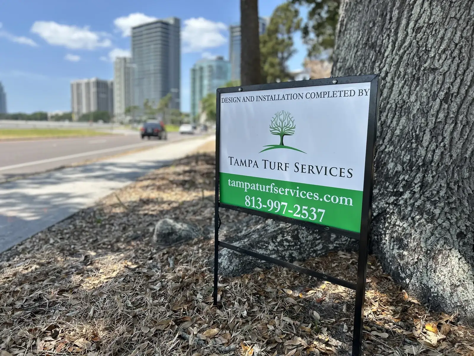 Tampa Turf Services sign at a maintained commercial sidewalk in Tampa